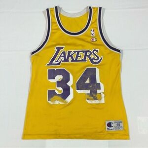 Vtg Champion Mens Medium LA Lakers Shaquille O'Neal #34 Jersey Yellow Purple NBA